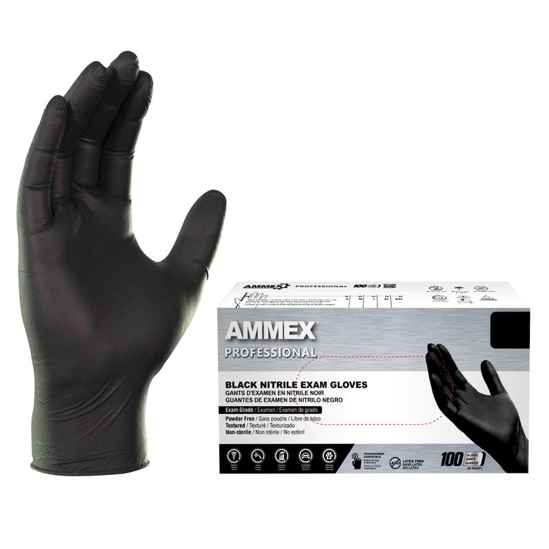 AMMEX Black Nitrile Exam Gloves, Box of 100, 3 Mil, Size Small, Latex Free, Powder Free, Textured, Disposable, Non-Sterile, Food Safe, ABNPF42100BX - Image 1